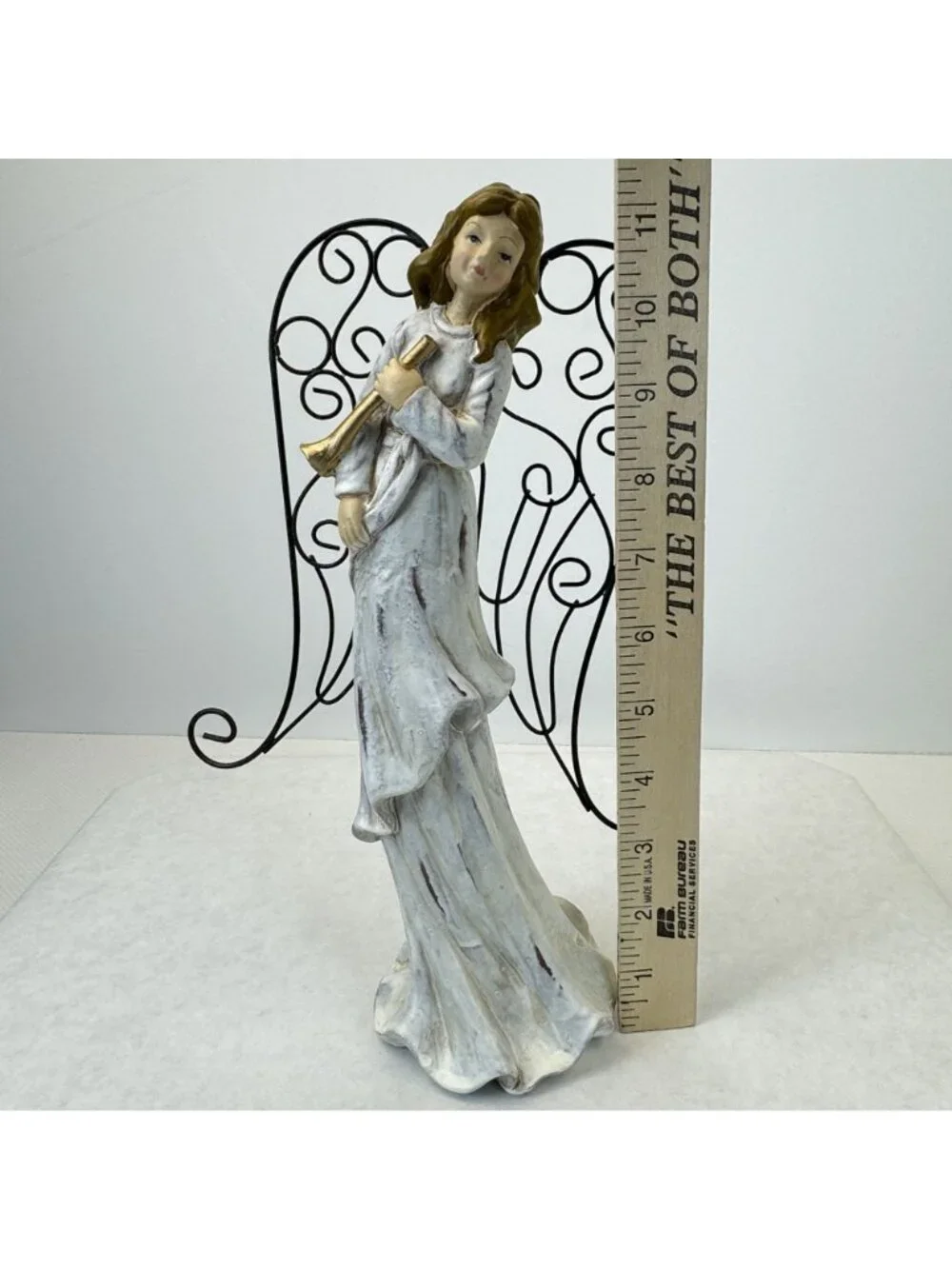 Vintage Rustic White Christmas Angel Figurine With Metal Wings Gold Trumpet 11" - Picture 8 of 10